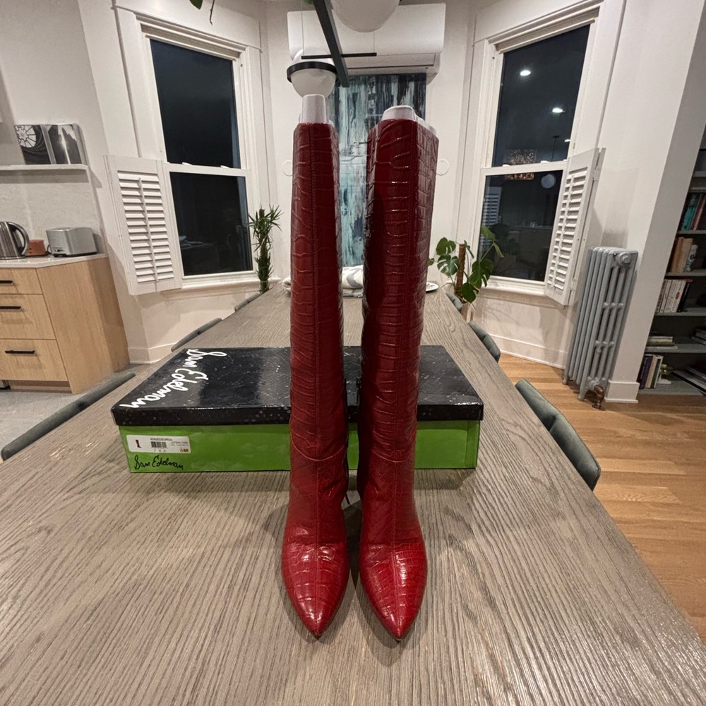 Red Croc-Embossed Knee-High Boots